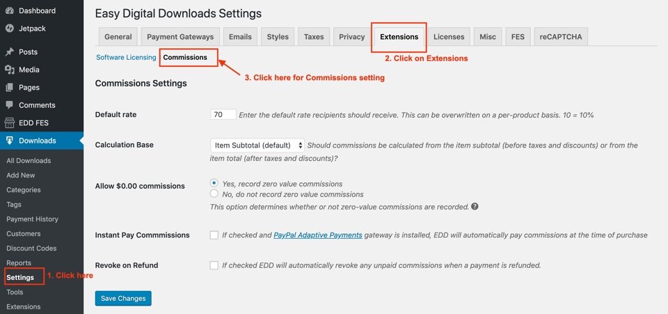 easy digital downloads commissions setting