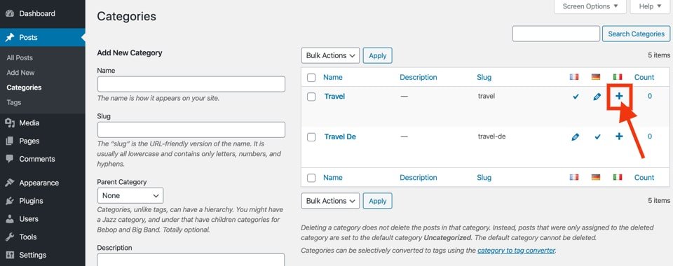 Categories translation using Polylang