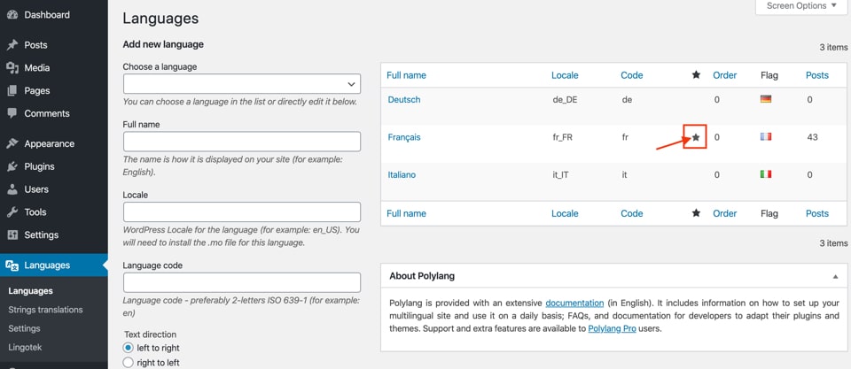 select default language polylang