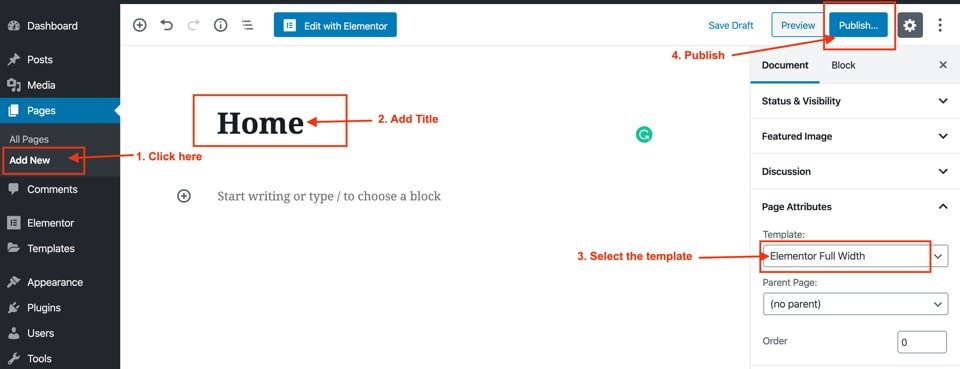 create a page with elementor