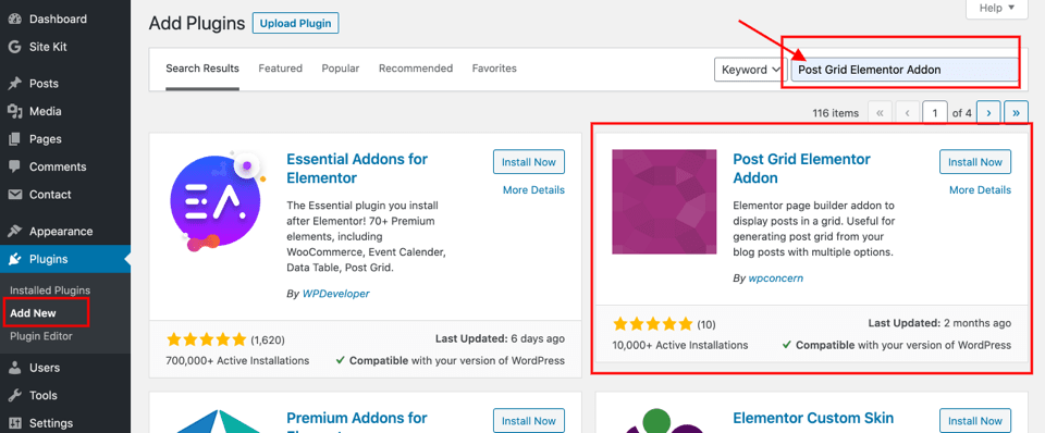 Install post grid elementor addon