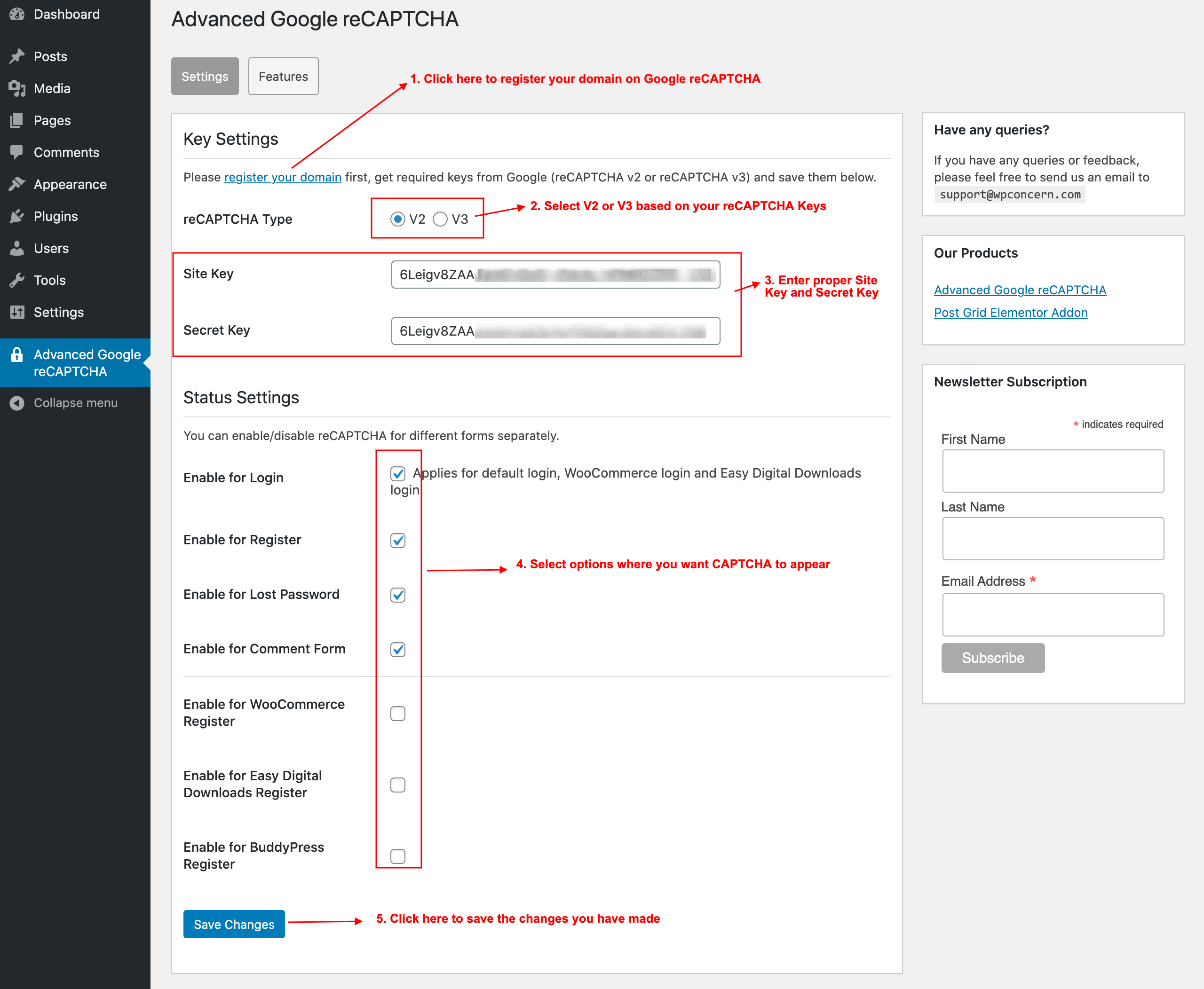 Option page of Advanced Google reCAPTCHA plugin