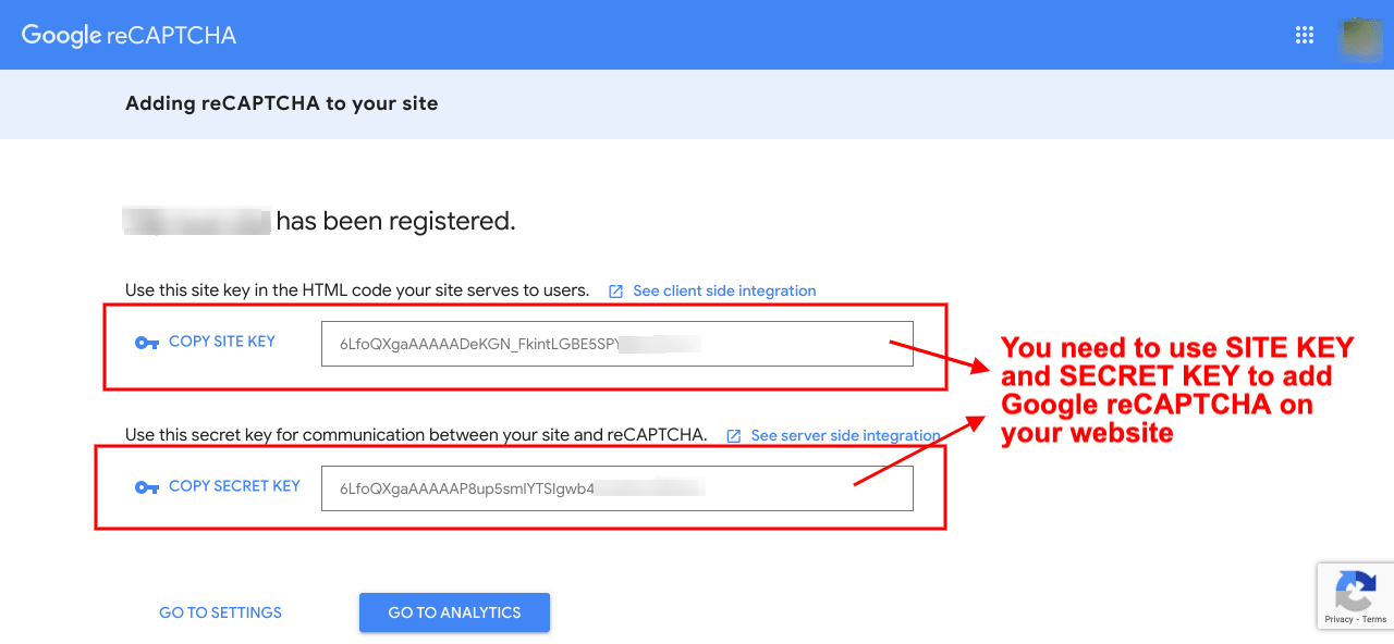 Google reCAPTCHA Site Key and Secret Key