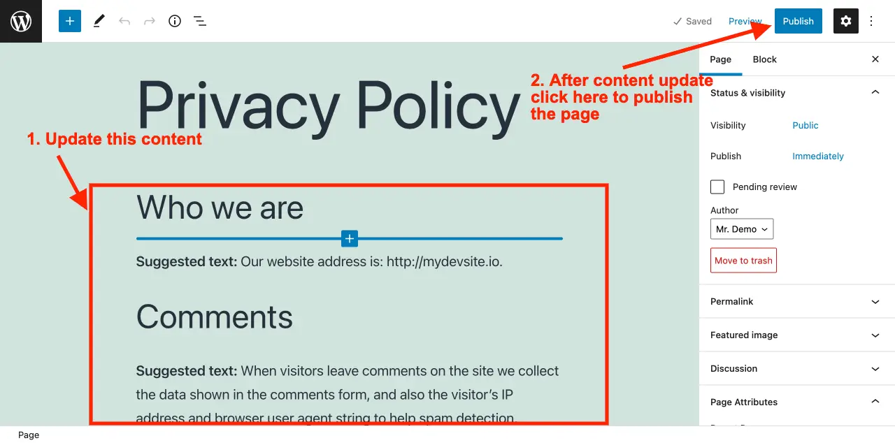 publish privacy policy page